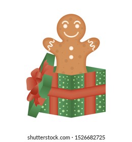 christmas gift box present with ginger cookie vector illustration design