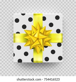 Christmas gift box or present with golden ribbon bow and dot wrapping paper pattern. Vector Christmas gift box isolated on transparent background for New Year holiday or Birthday greeting card design.