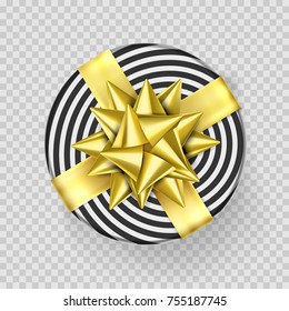Christmas gift box or present with golden ribbon bow and wrapping paper stripe pattern. Vector round Christmas gift box isolated on transparent background for New Year holiday, Birthday greeting card.