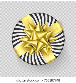 Christmas gift box or present with golden ribbon bow and wrapping paper stripe pattern. Vector round Christmas gift box isolated on transparent background for New Year holiday, Birthday greeting card.
