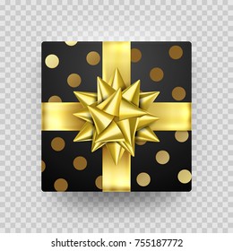 Christmas Gift box present in golden ribbon bow and wrapping paper dotted pattern. Vector Christmas gold foil gift box isolated on transparent background for New Year holiday or Birthday greeting card