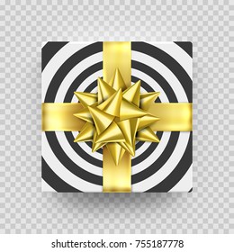 Christmas Gift box or present with golden ribbon bow and wrapping paper stripe pattern. Vector luxury Christmas gift box isolated on transparent background for New Year holiday, Birthday greeting card