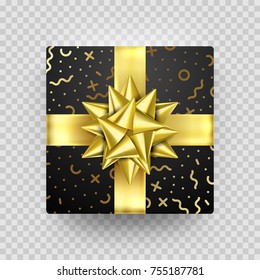 Christmas Gift box present in golden ribbon bow and wrapping paper dotted gold foil pattern. Luxury Christmas gift box for Birthday, New Year holiday greeting card vector transparent background