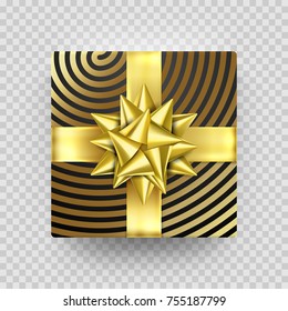 Christmas Gift box or present with golden ribbon bow and gold foil wrapping paper pattern. Vector luxury Christmas gift box on transparent background for New Year holiday, Birthday greeting card