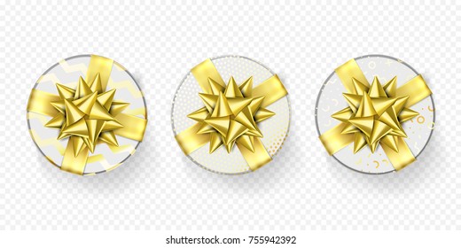 Christmas gift box or present with golden ribbon bow and wrapping paper pattern. Luxury Christmas gift boxes isolated set on white background for New Year holiday, Birthday vector greeting card.