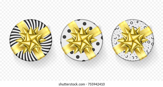 Christmas gift box or present with golden ribbon bow and wrapping paper stripe pattern. Vector luxury Christmas gift boxes set isolated on white background for New Year holiday, Birthday Greeting card