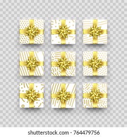 Christmas gift box or present with golden ribbon bow and wrapping paper zigzag pattern. Vector Christmas gift box isolated on transparent background for New Year holiday or Birthday greeting card