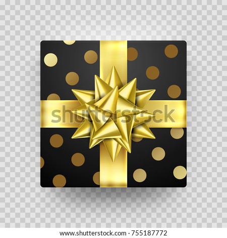 Christmas Gift box present in golden ribbon bow and wrapping paper dotted pattern. Vector Christmas gold foil gift box isolated on transparent background for New Year holiday or Birthday greeting card