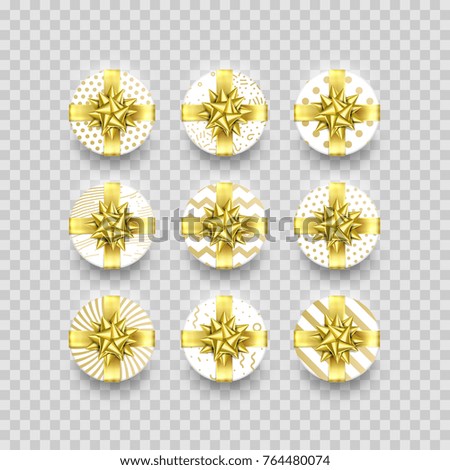 Christmas gift box or present with golden ribbon bow and wrapping paper zigzag pattern. Vector Christmas gift box isolated on transparent background for New Year holiday or Birthday greeting card