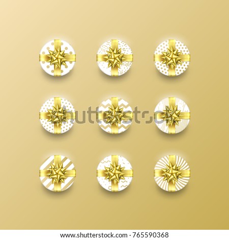 Christmas gift box present in golden ribbon bow and wrapping paper dotted pattern. Vector Christmas gold foil gift boxes set isolated on white background for New Year holiday or Birthday greeting card