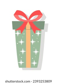 Christmas gift box. Present in green wrapping paper. Winter holidays and festivals. Surprise for New Year. Template and layout. Cartoon flat vector illustration isolated on white background