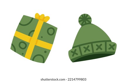 Christmas gift box with presents and green knitted hat cartoon vector illustration