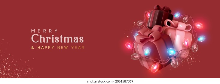 Caja de regalo de Navidad. Presenta con sorpresa, envuelto en una brillante guirnalda ardiente de luz. Fondo festivo de Navidad con un elemento de diseño 3d realista. Feliz Año Nuevo. Banner horizontal, cabecera del sitio web