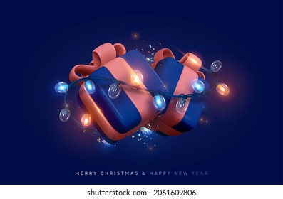 Christmas Gift Box. Presents With Surprise, Wrapped In Bright Light Burning Garland. Xmas Festive Background With Realistic 3d Design Element. Happy New Year. Two Blue Boxes. Vector Illustration