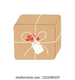 Christmas gift box with red berries. Flat cartoon style.