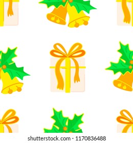Christmas gift box with red bow and gold bells with Ilex aquifolium plant in doodle style. Cartoon holiday seamless pattern. Simple vector design can be used for greeting card, banner, flyer, wrapping