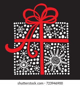 Christmas gift box with red bow isolated on black. Lovely vector illustration.