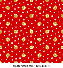 Christmas gift box red, gold star bow wrapping paper seamless pattern