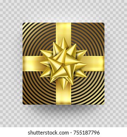 Christmas Gift box red present in golden ribbon bow and wrapping paper foil pattern. Vector luxury premium gift box isolated on transparent background for Birthday or New Year and Christmas greeting