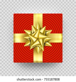 Christmas Gift box red present in golden ribbon bow and wrapping paper wave pattern. Luxury premium gift box for Christmas, Birthday or New Year holiday greeting card design on transparent background