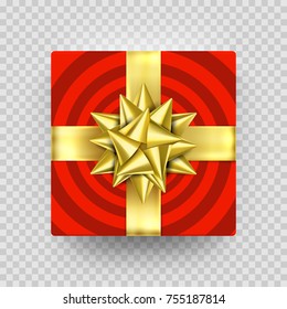 Christmas Gift box red present in golden ribbon bow and wrapping paper wave pattern. Vector luxury premium gift box isolated on transparent background for Birthday or New Year and Christmas greeting