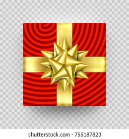 Christmas Gift box red present in golden ribbon bow and wrapping paper wave pattern. Vector premium gift box isolated on transparent background for New Year, Christmas holiday, Birthday greeting card