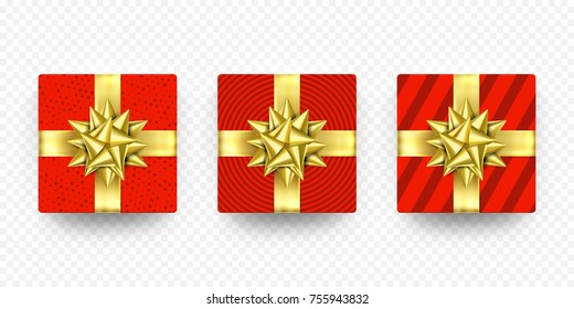 Christmas gift box red present in golden ribbon bow and wrapping paper wave pattern. Vector premium gift box isolated on transparent background for New Year, Christmas holiday, Birthday greeting card.