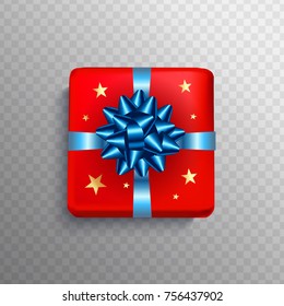Christmas Gift box red present in blue ribbon bow. Square Christmas gift box for Birthday or New Year Holiday greeting card vector isolated on transparent background