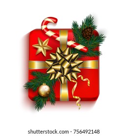 Christmas Gift box red present in gold ribbon bow with fir tree, candy cane, golden star and bubble. Square Christmas gift box for or New Year Holiday greeting card vector isolated on white background