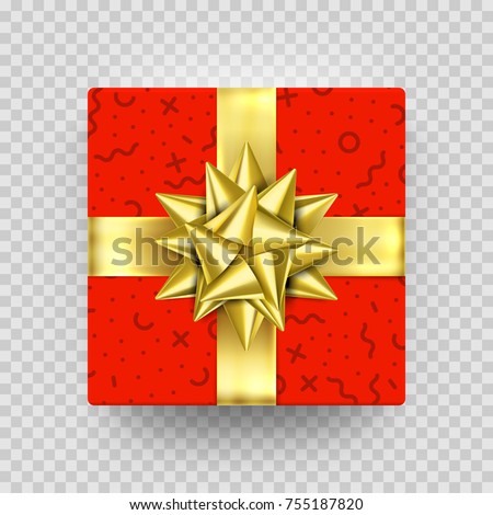 Christmas Gift box red present in golden ribbon bow and wrapping paper dotted pattern. Luxury Christmas gift box for Birthday, New Year holiday greeting card vector isolated on transparent background