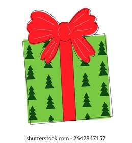 Christmas gift box with red ribbon, decorated with a festive pattern. Luxury present tied with green ribbon, symbolizing holiday celebration and New Year surprise. isolated on white background.