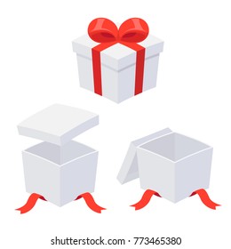 Christmas gift box with red ribbon bow, opening and open. Isolated vector illustration set.