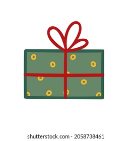 Caja de regalo de Navidad con cinta y ilustración vectorial de arco rojo y beige, Feliz Navidad y Feliz Año Nuevo decoración tradicional de vacaciones de invierno, adorno para afiches, tarjeta de saludo, pegatina