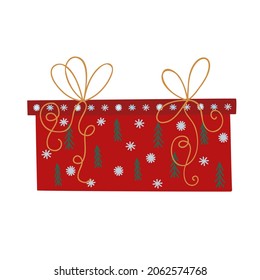 Christmas gift box with ribbon and bow red, yellow, green vector illustration, Merry Christmas and Happy New Year festive traditional winter holiday decor