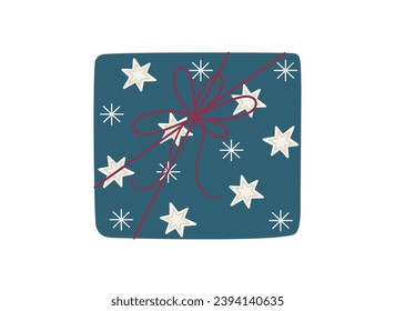 Christmas gift box with ribbon and bow vector illustration, Merry Christmas and Happy New Year festive traditional winter holiday decor, ornament for poster, greeting card, sticker