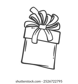 Christmas gift box with ribbon bow line icon. Outline hand drawn present package for winter holidays greeting, festive gift. Xmas, New Year mascot, surprise birthday giftbox icon vector illustration