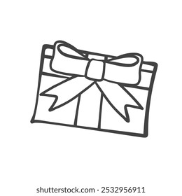 Christmas gift box with ribbon bow line icon. Outline hand drawn present package for winter holidays greeting, festive gift. Xmas, New Year mascot, surprise birthday giftbox icon vector illustration