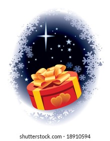 Christmas gift box with a ribbon on a winter background