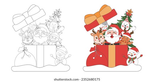 Christmas gift box with Santa Claus, snowman and reindeer and Christmas tree, Christmas theme line art doodle cartoon illustration, Coloring book for kids, Merry Christmas.