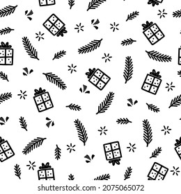 Christmas gift box seamless pattern. Hand drawn doodle style winter christmas pattern. Vector illustration.