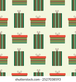 Christmas gift box seamless pattern. Striped rectangular boxes with bows on a light background. Vector illustration for card, packaging, wrapping paper, background.