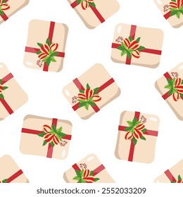 Patrón transparente de la caja de regalo de la Navidad con la cinta roja y la ilustración verde festiva