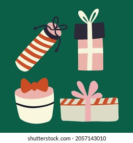 Colección de juego de cajas de regalo de Navidad. Publicación en medios sociales. Ilustración del vector de decoración navideña.