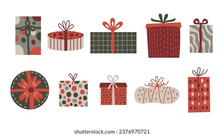 Christmas gift box set. Funny doodle Xmas gifts collection. Various packaging with traditional colors and ribbons. Vector illustration. 