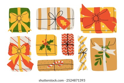 Christmas gift box set with Ribbons and Bows. Santa Gifts, Christmas Presents and envelope with floral elements, leaves, berries and candy cane