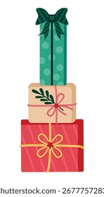 Weihnachtsgeschenkbox mit drei gestapelten Geschenken, die mit festlichen Bändern und Bögen verbunden sind, eine dekorierte Packung mit Zweig, Urlaubsvektorgrafik einzeln auf Weiß