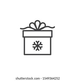 Christmas Gift Box With Snowflake Line Icon. Linear Style Sign For Mobile Concept And Web Design. Gift Box With Ribbon Bow Outline Vector Icon. Symbol, Logo Illustration. Vector Graphics