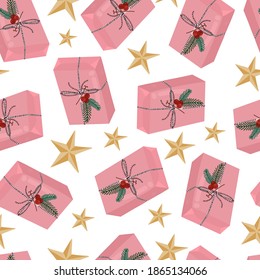 Christmas gift box and star seamless pattern isolated on white backgroung. Vector hand drawn illustration