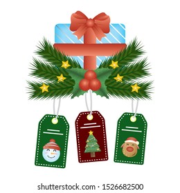 christmas gift box with tags of snowman and tree hanging vector illustration design
