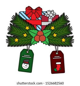 christmas gift box with tags of snowman and sock hanging vector illustration design